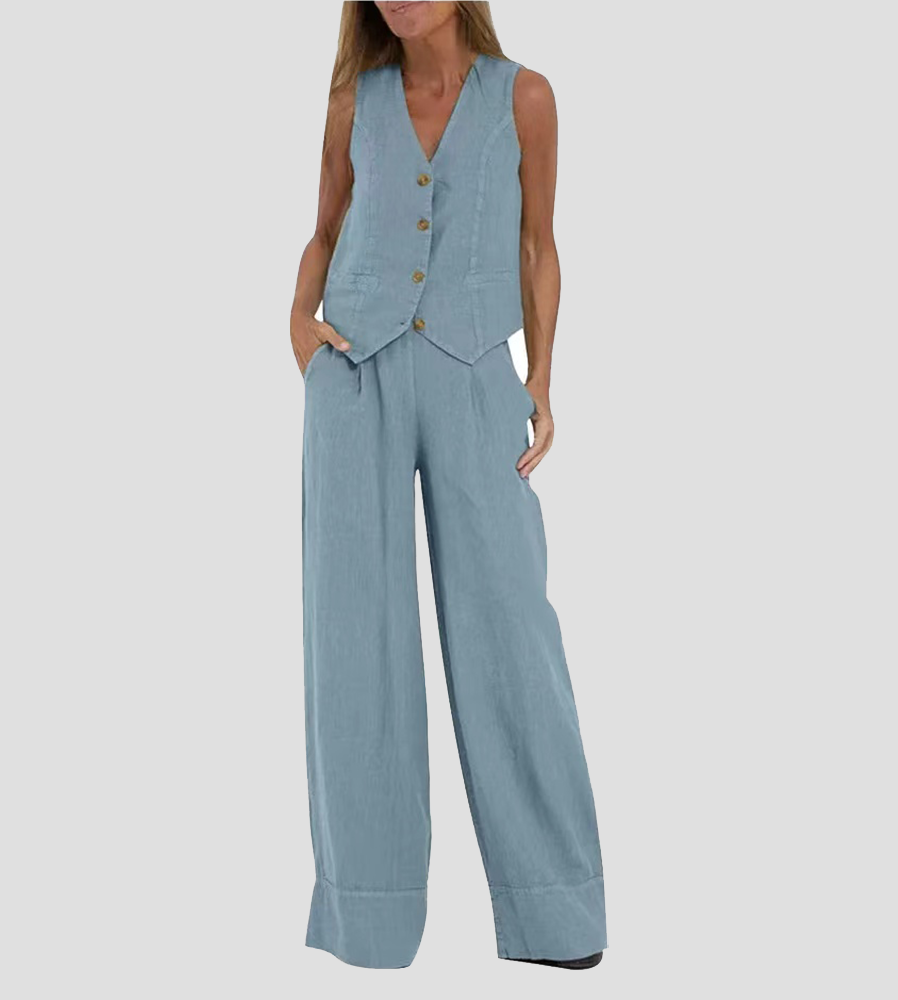 Lauren - Buttoned Vest & Wide-Leg Trousers Set