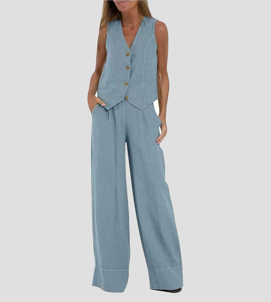 Lauren - Buttoned Vest & Wide-Leg Trousers Set