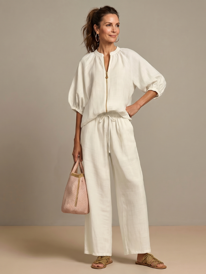 Selora Zip-Front Blouson Wide-Leg Set
