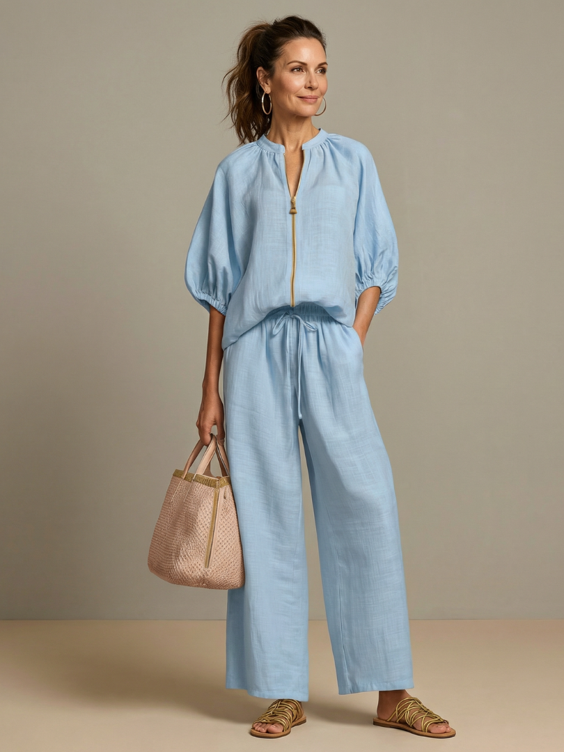 Selora Zip-Front Blouson Wide-Leg Set