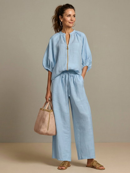 Selora Zip-Front Blouson Wide-Leg Set
