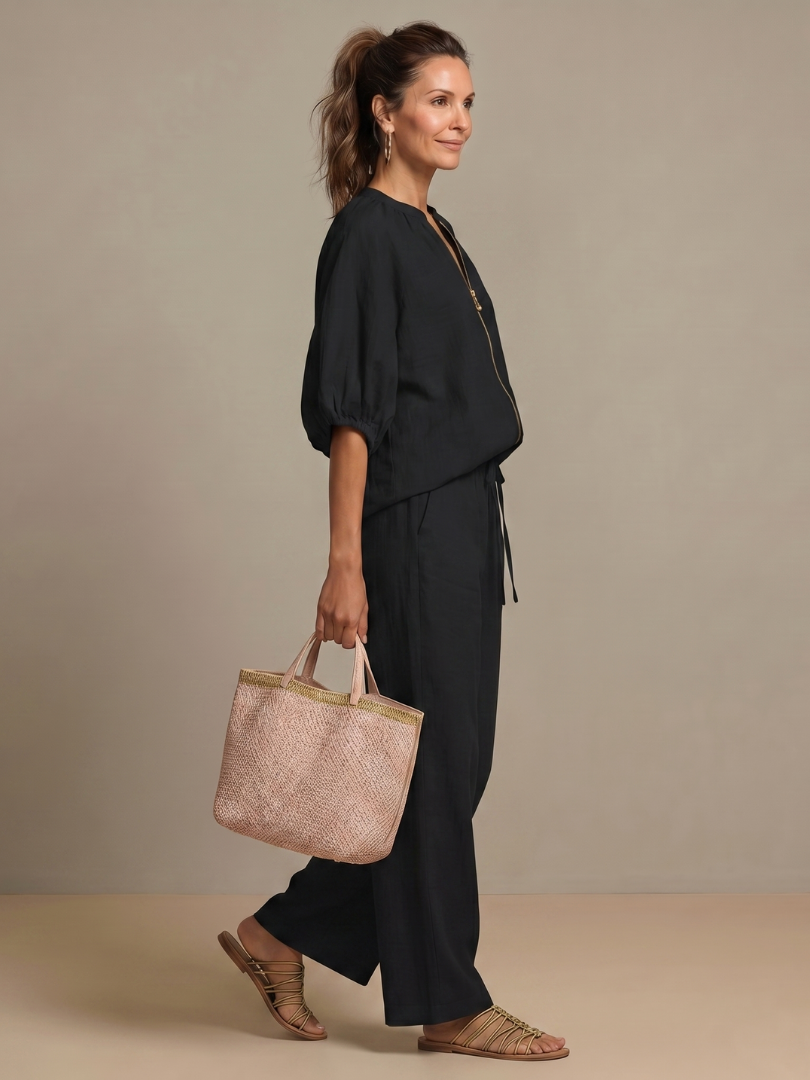 Selora Zip-Front Blouson Wide-Leg Set