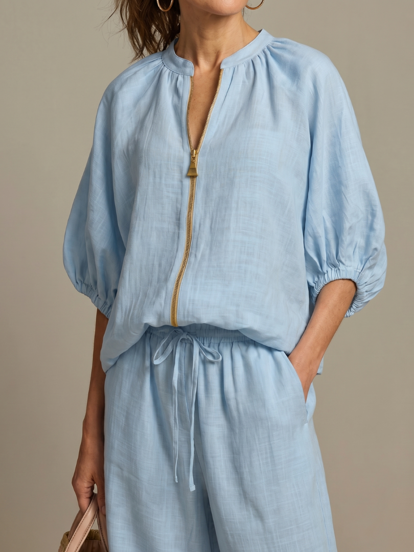 Selora Zip-Front Blouson Wide-Leg Set