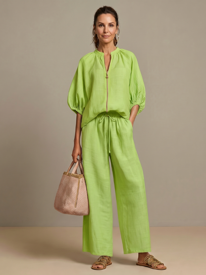 Selora Zip-Front Blouson Wide-Leg Set