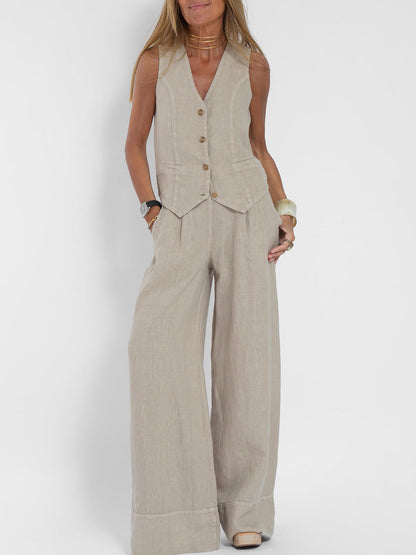 Lauren - Buttoned Vest & Wide-Leg Trousers Set