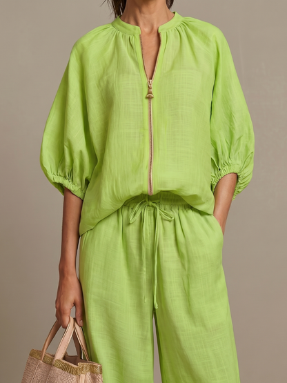 Selora Zip-Front Blouson Wide-Leg Set