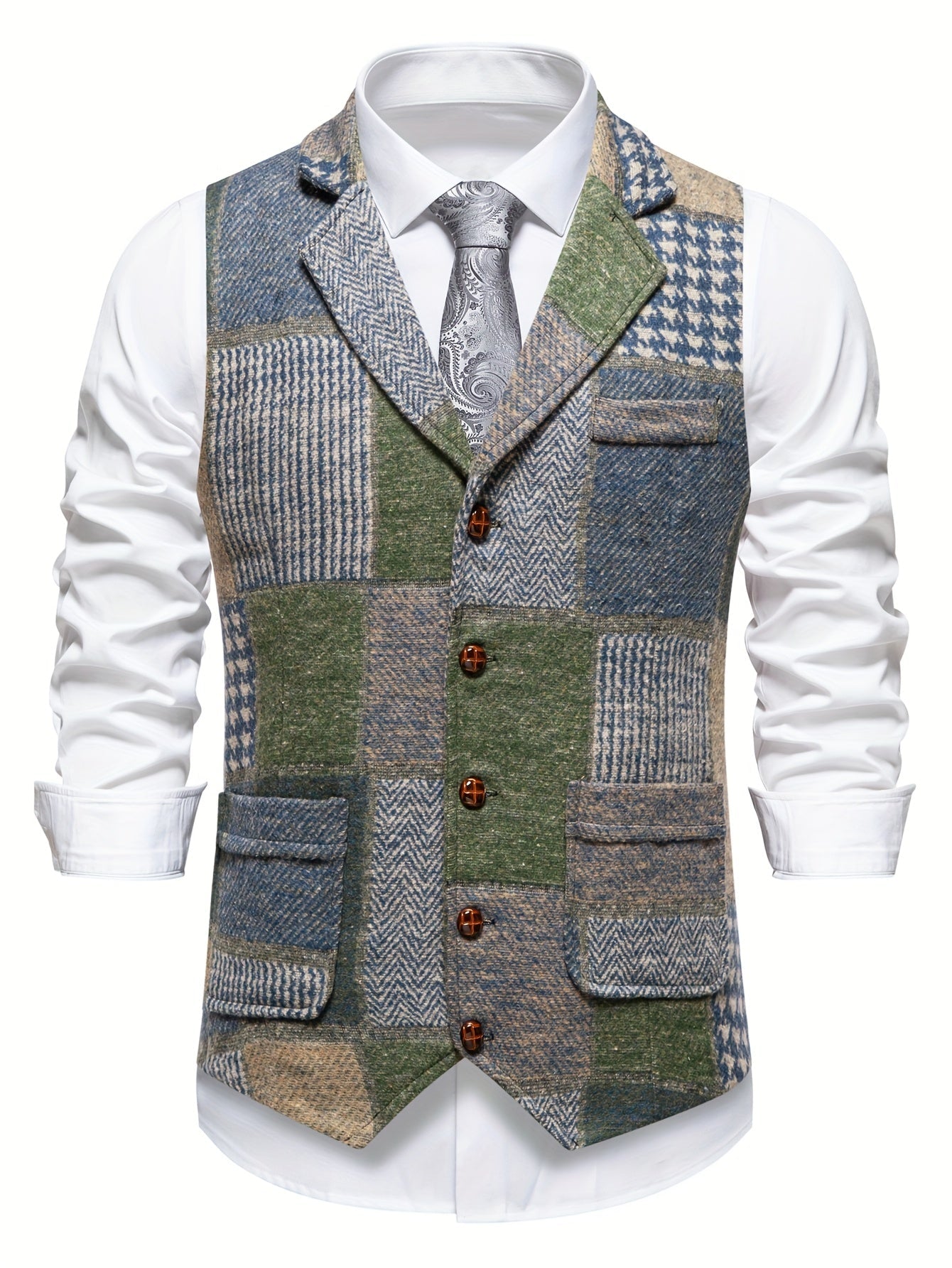 Elara Herringbone Tweed Patchwork Vest
