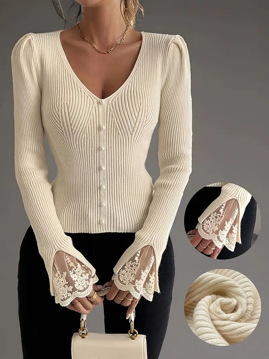 Lunara Lace-Trim Ribbed Sweater