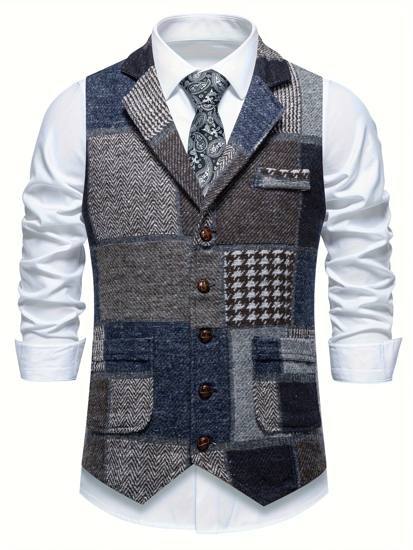 Elara Herringbone Tweed Patchwork Vest