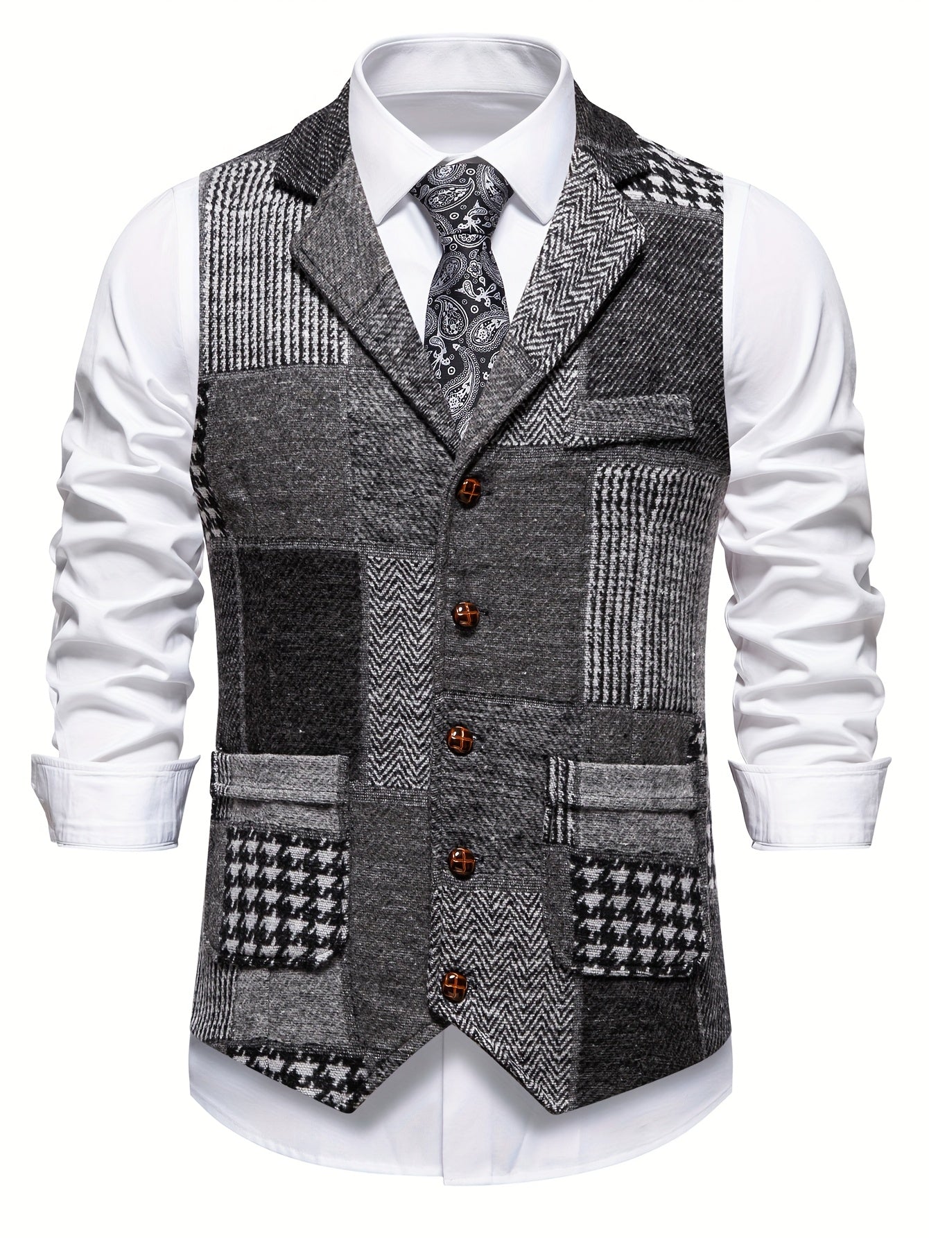 Elara Herringbone Tweed Patchwork Vest