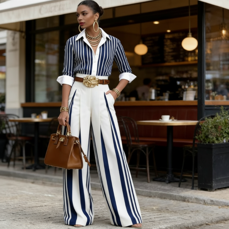 Selora Striped Shirt & Wide-Leg Trouser Set
